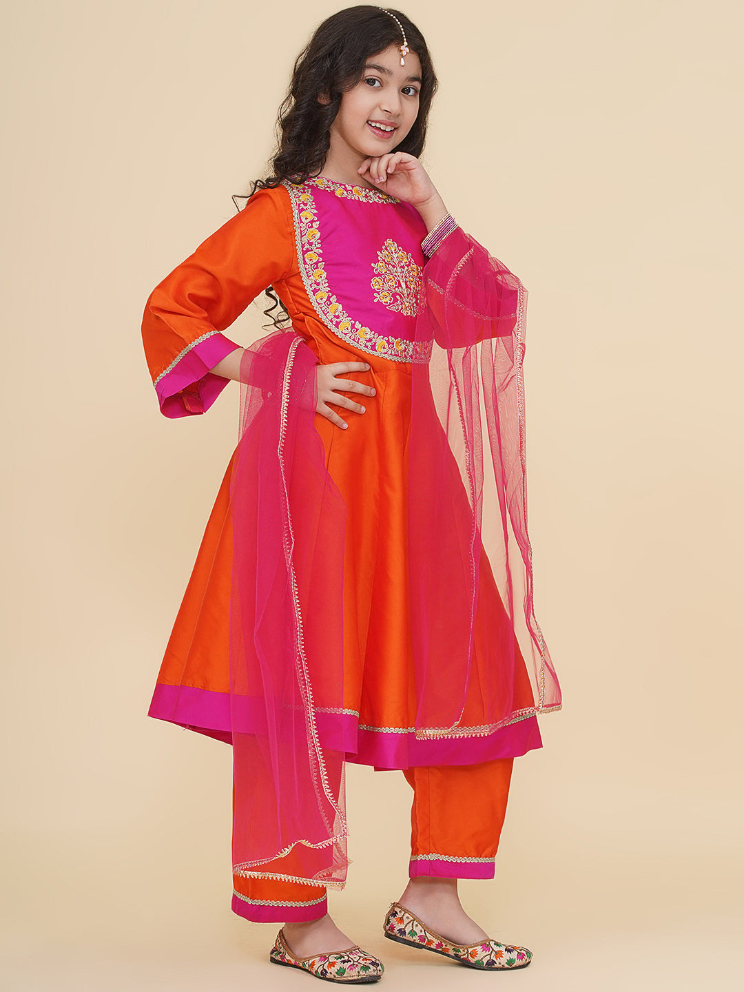 girls orange a line anarkali kurta with trousers dupatta
