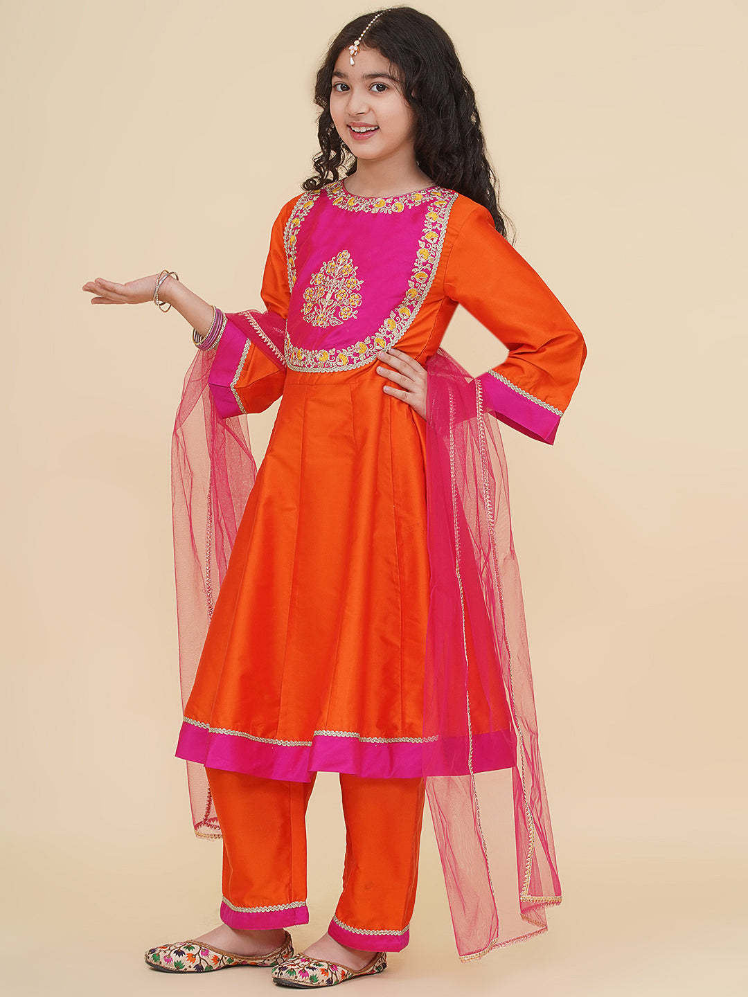 girls orange a line anarkali kurta with trousers dupatta
