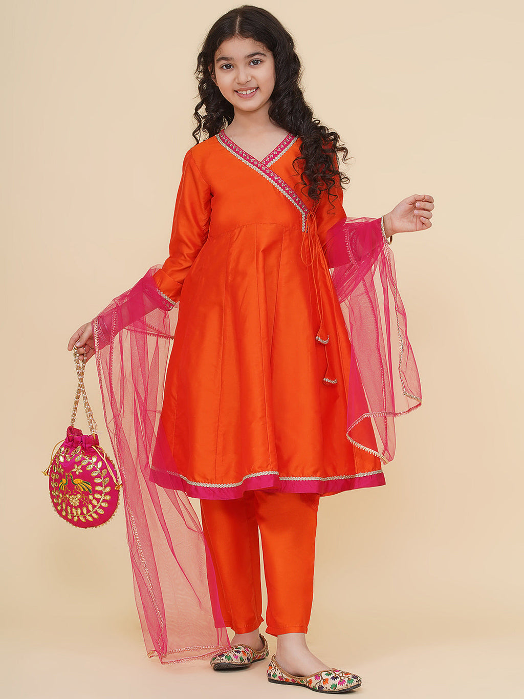 girls orange angrakha kurta with trousers with dupatta