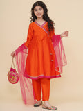 girls orange angrakha kurta with trousers with dupatta