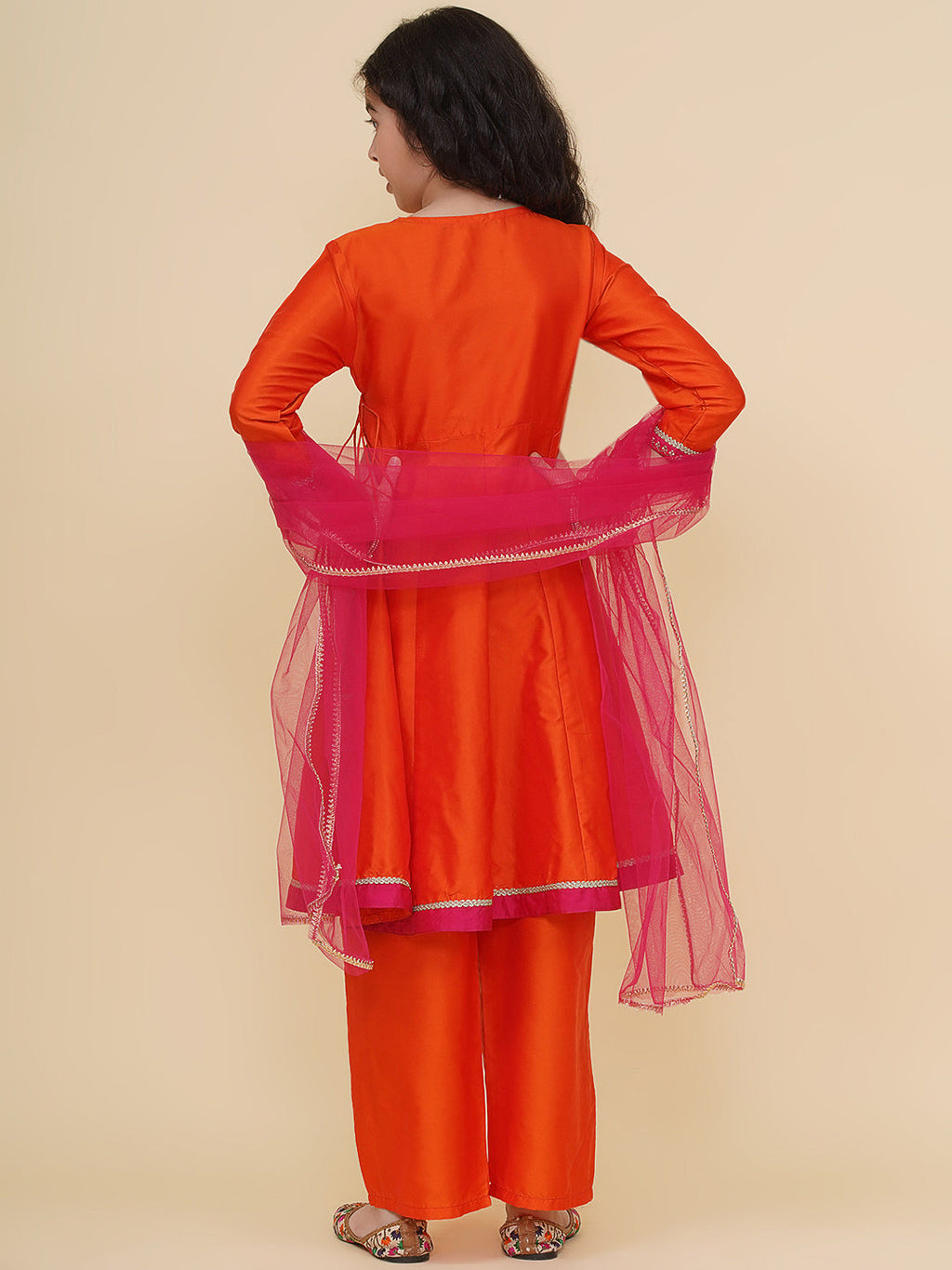 girls orange angrakha kurta with trousers with dupatta