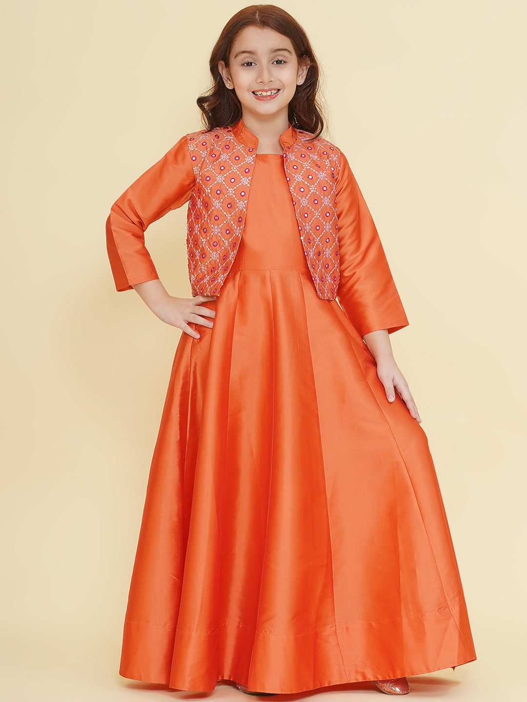 girls orange embroidery jacket with maxi dress