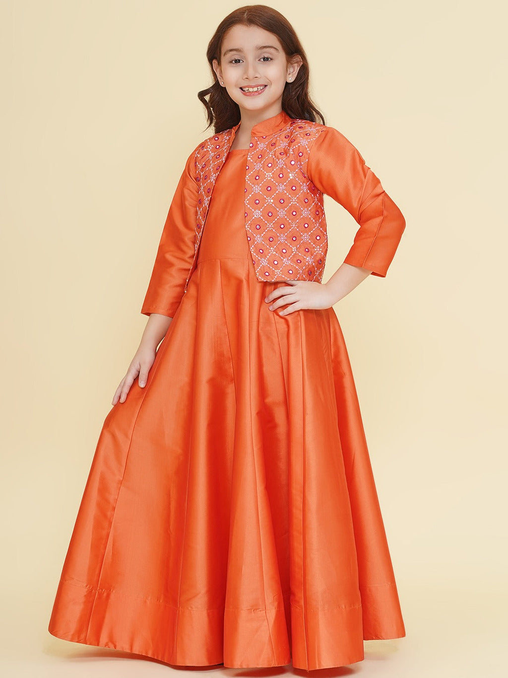 girls orange embroidery jacket with maxi dress