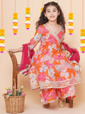 girls orange multi floral printed angrakha gotta patti kurta sharara set with dupatta