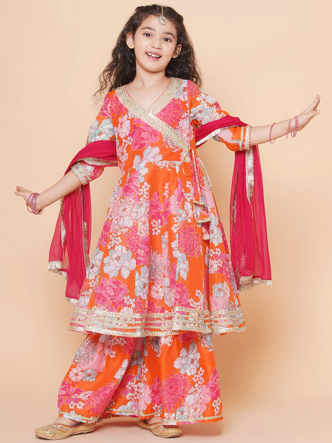 girls orange multi floral printed angrakha gotta patti kurta sharara set with dupatta