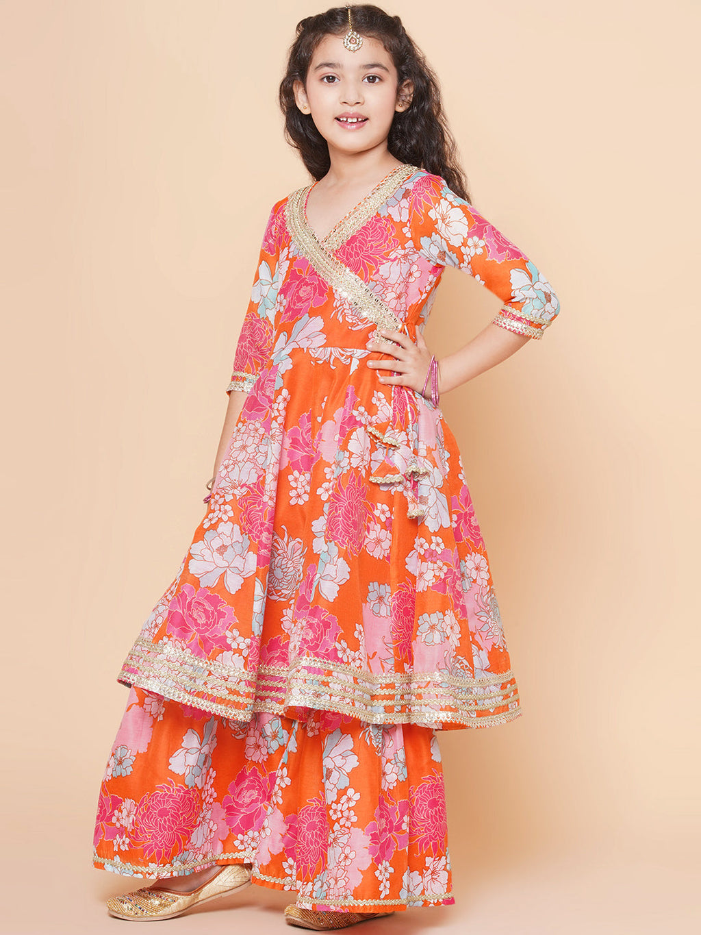 girls orange multi floral printed angrakha gotta patti kurta sharara set with dupatta