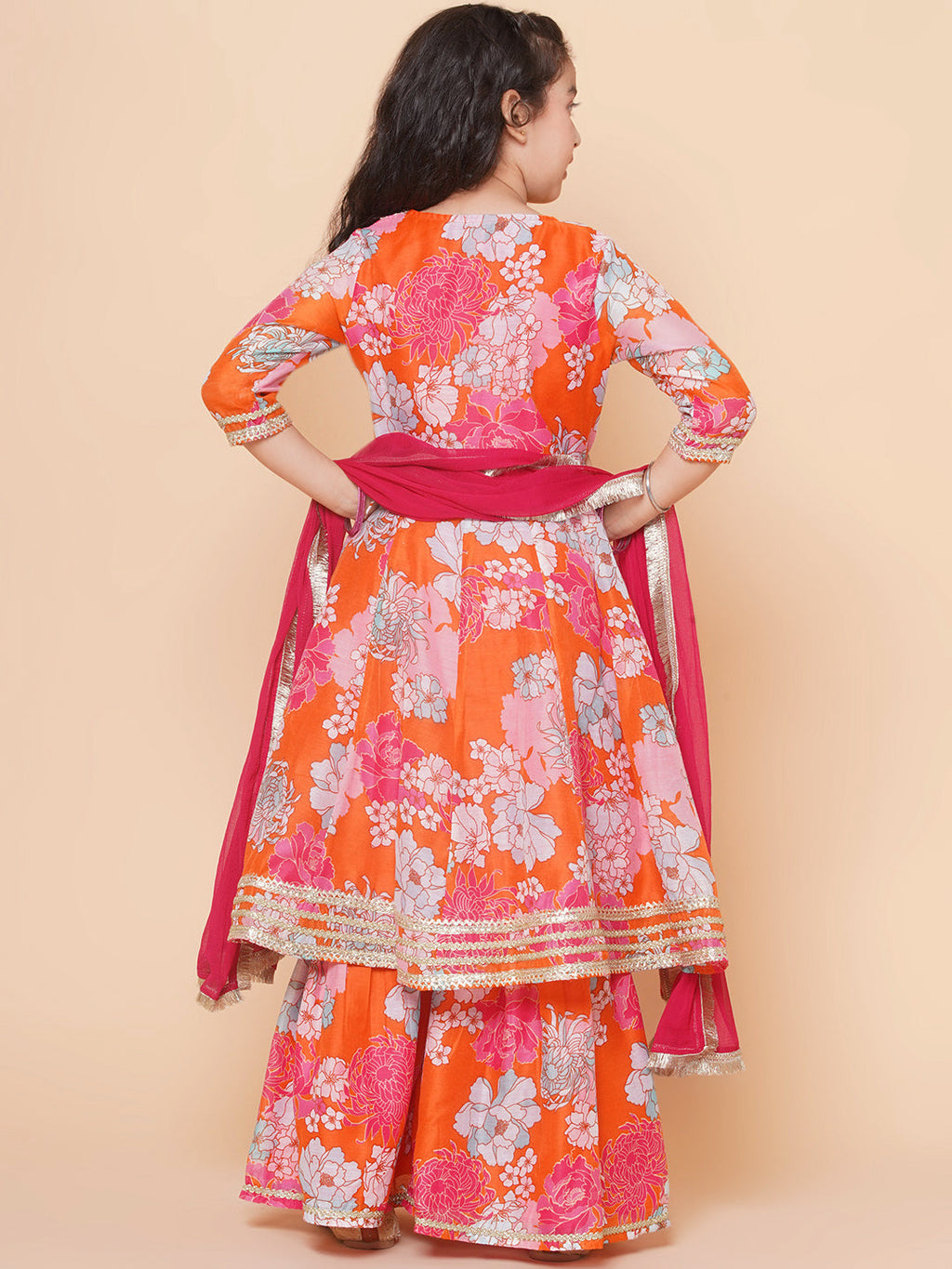 girls orange multi floral printed angrakha gotta patti kurta sharara set with dupatta