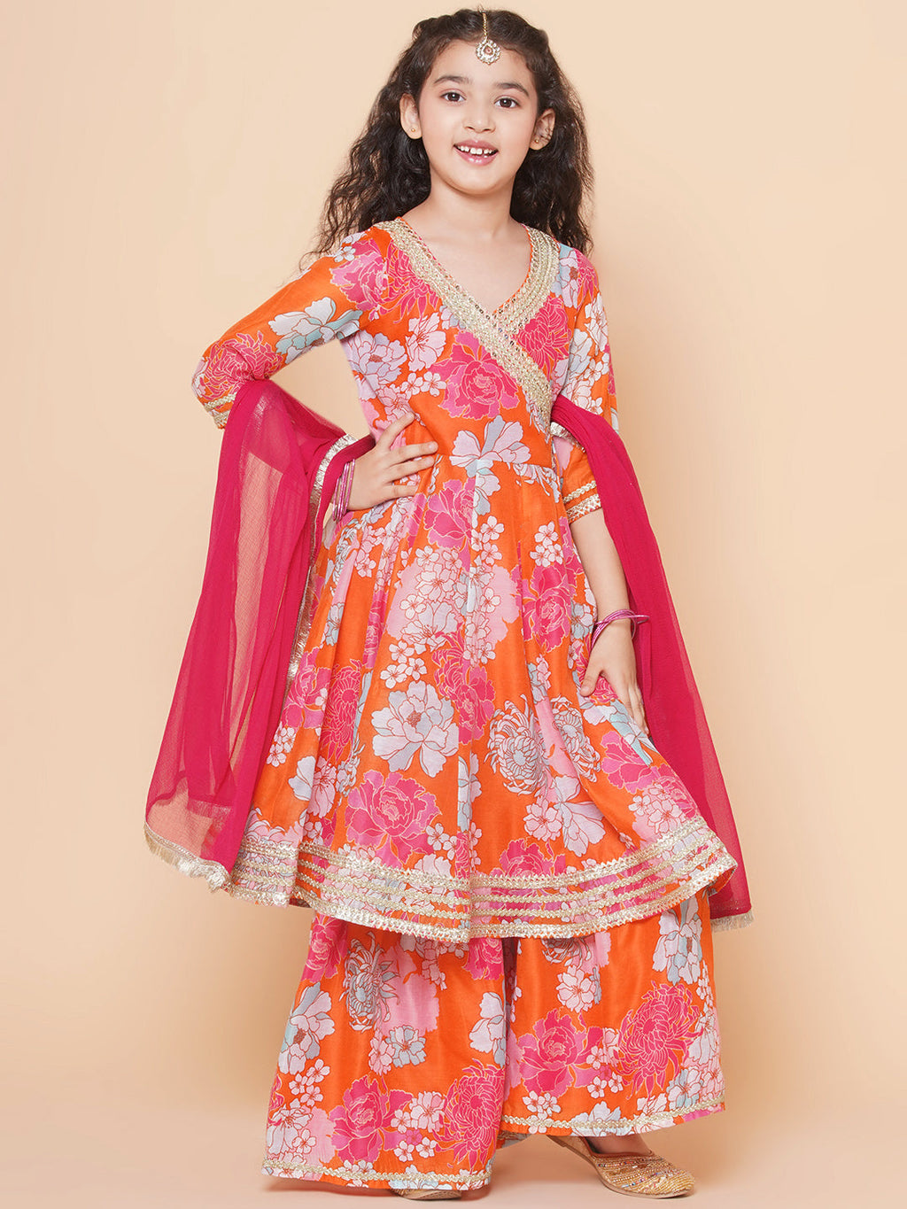 girls orange multi floral printed angrakha gotta patti kurta sharara set with dupatta