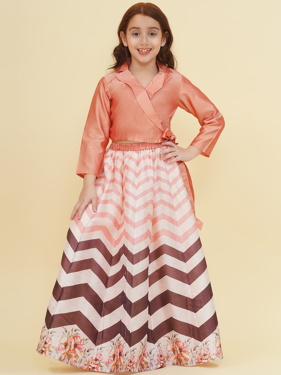 girls peach brown zig zag flower digital print choli ready to wear lehenga
