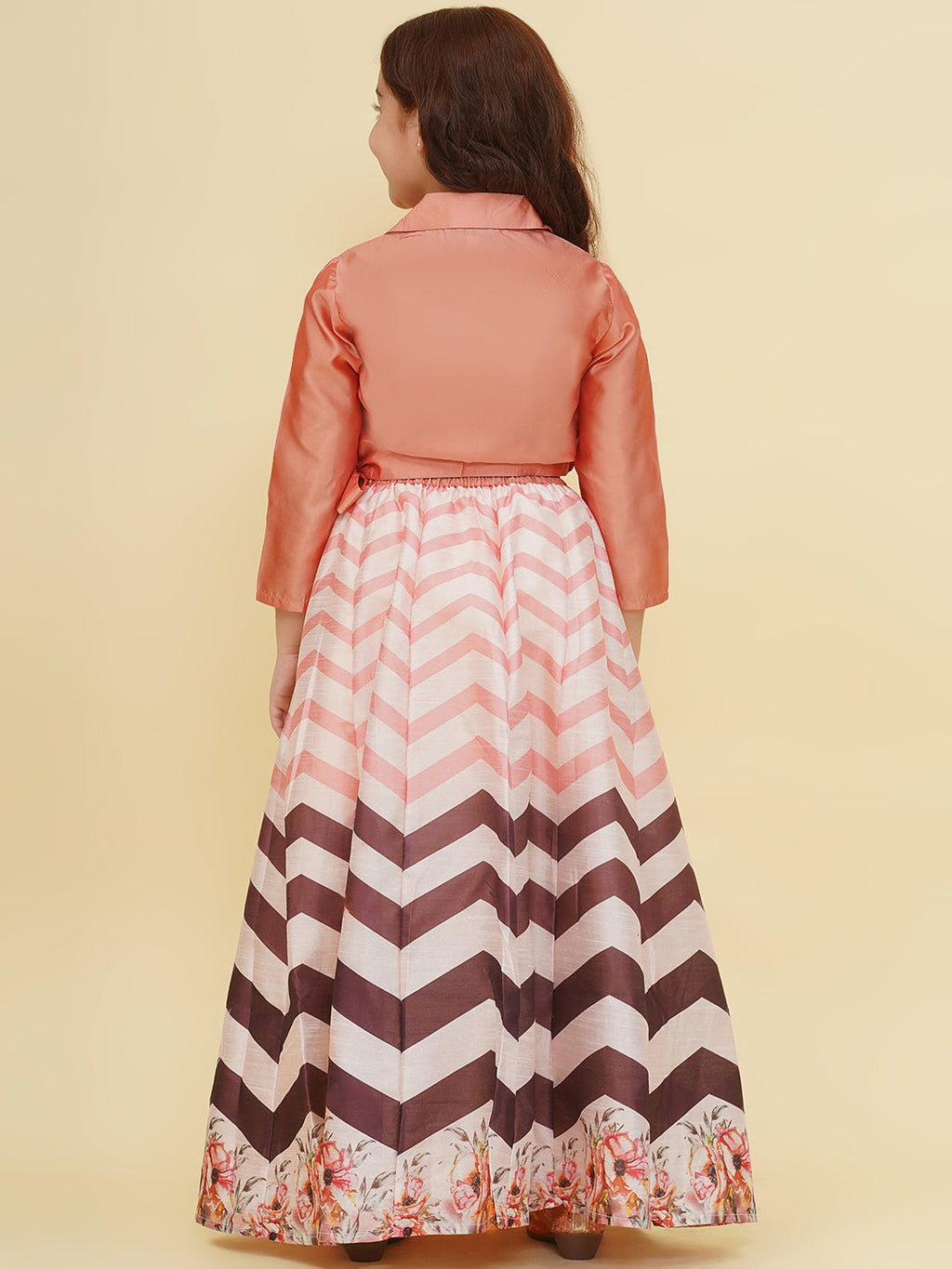girls peach brown zig zag flower digital print choli ready to wear lehenga