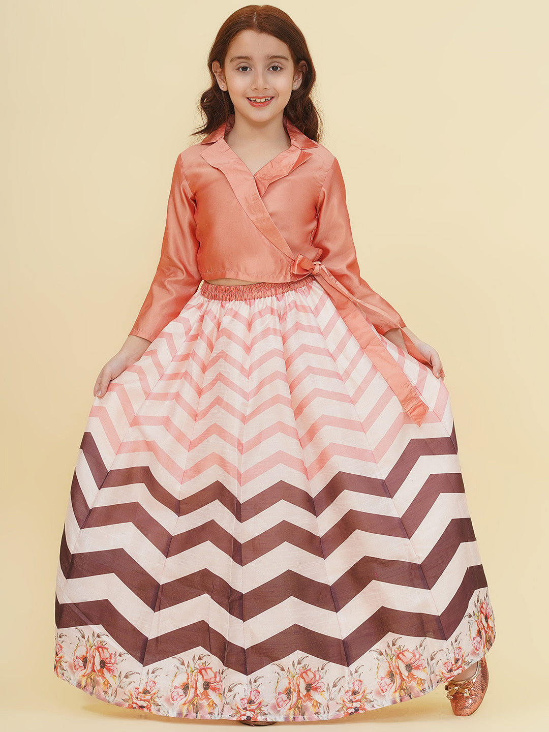 girls peach brown zig zag flower digital print choli ready to wear lehenga