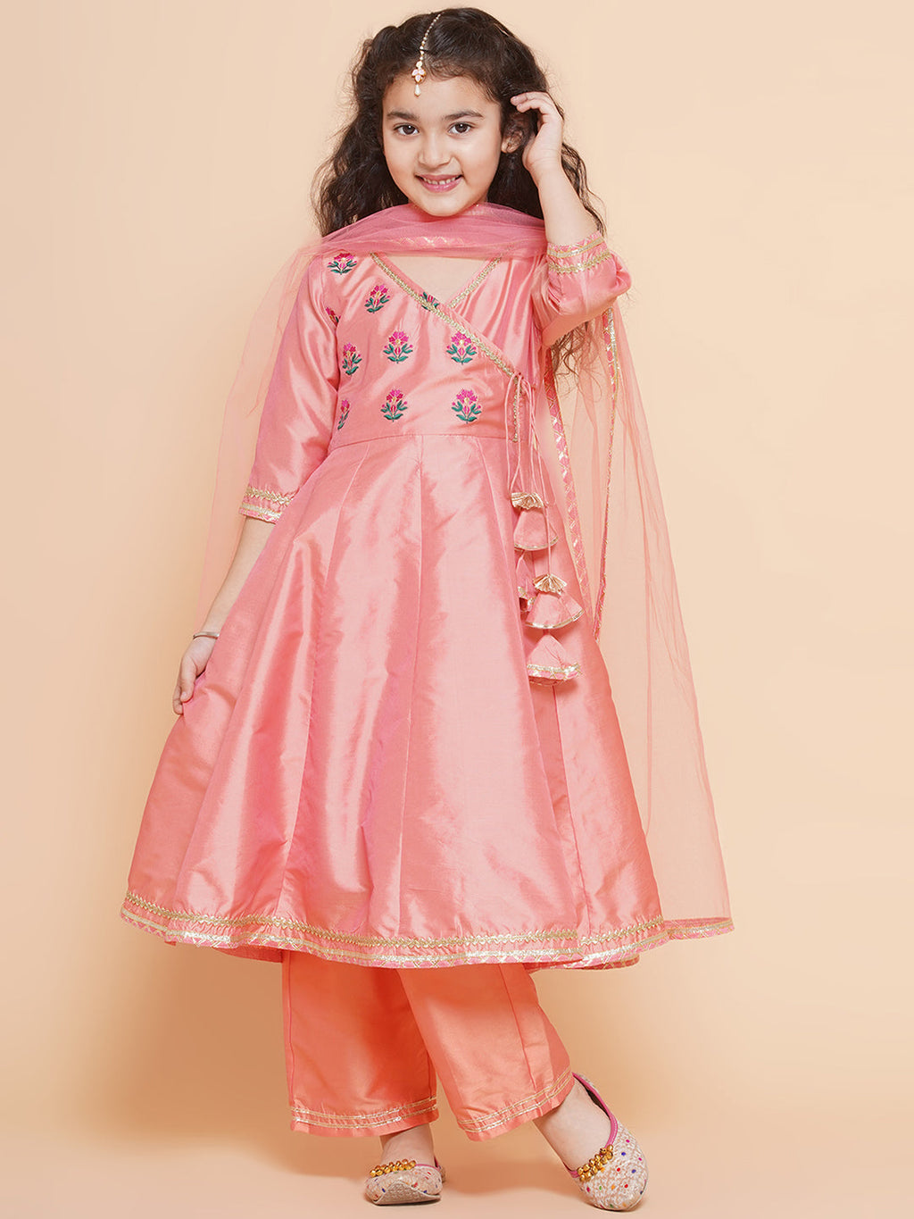 girls peach embroidered angrakha kurta with trousers dupatta