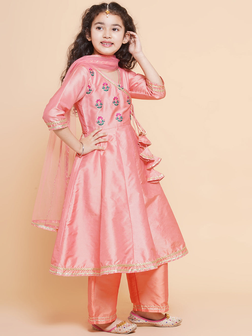 girls peach embroidered angrakha kurta with trousers dupatta