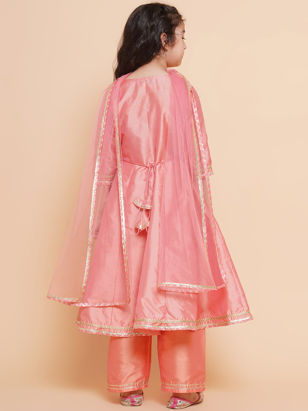 girls peach embroidered angrakha kurta with trousers dupatta