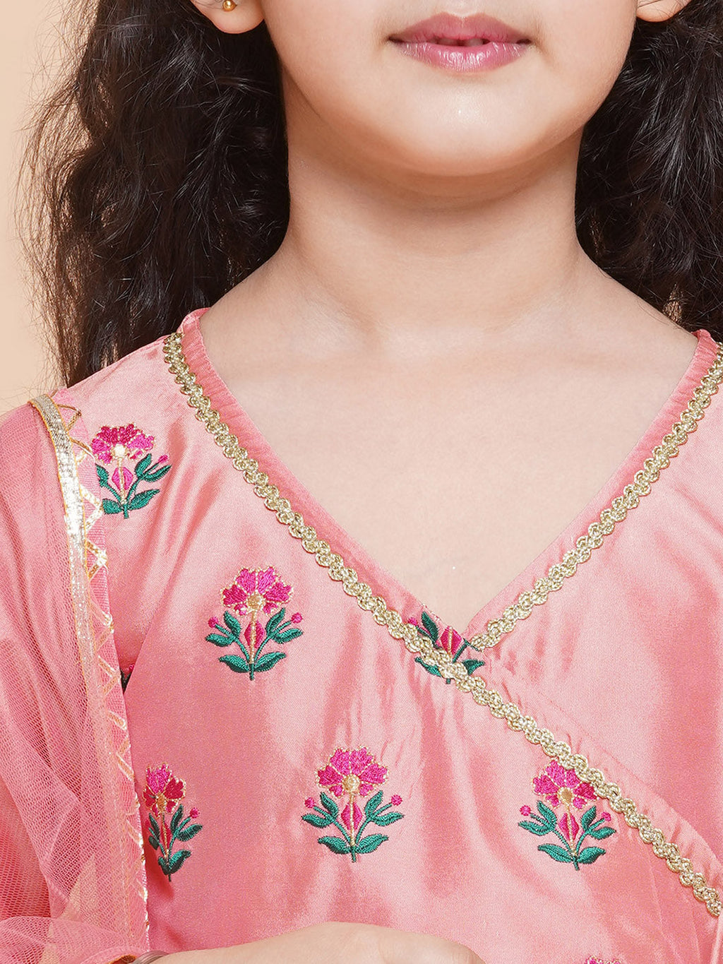girls peach embroidered angrakha kurta with trousers dupatta