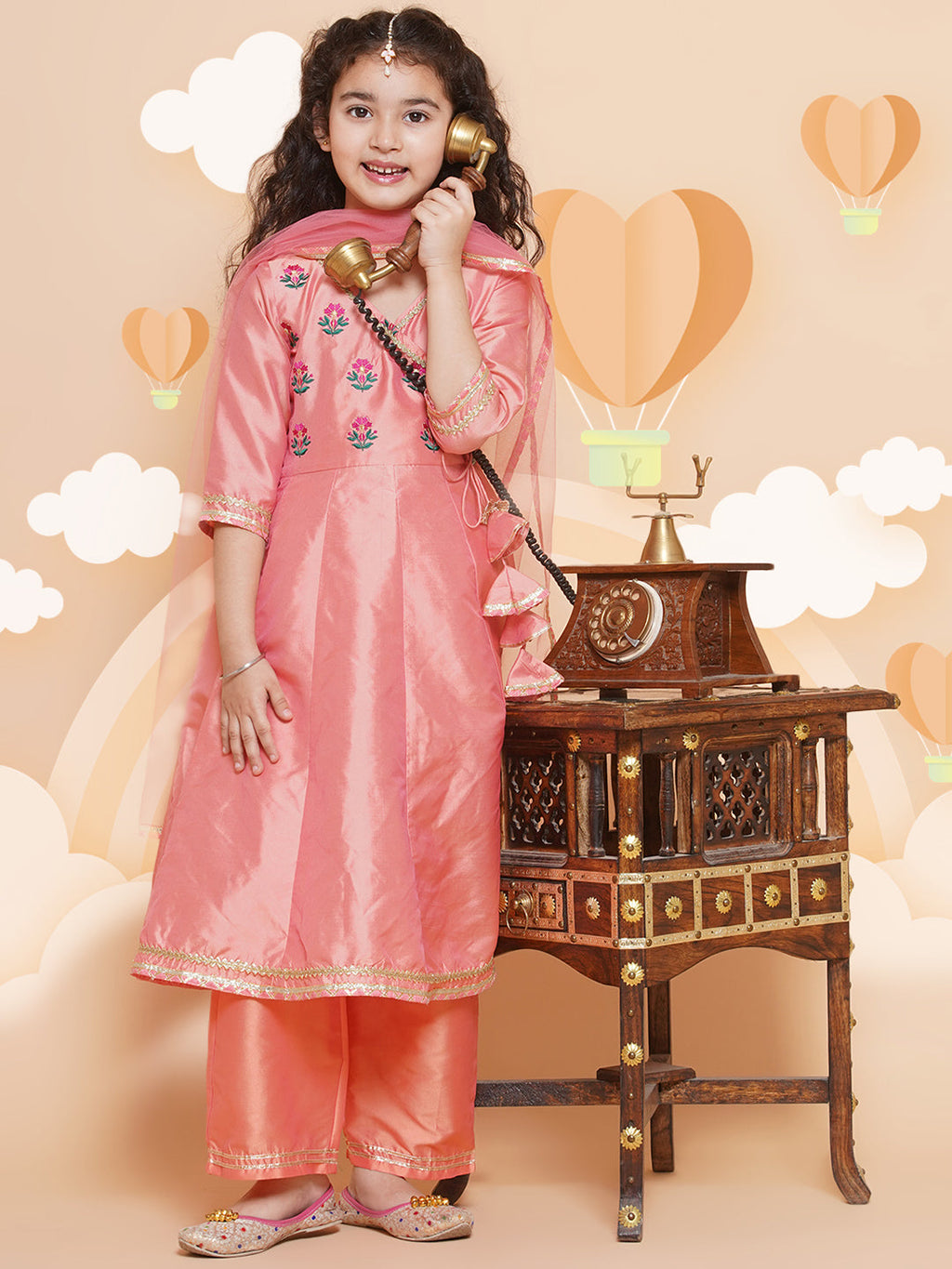 girls peach embroidered angrakha kurta with trousers dupatta