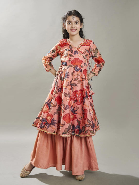 girls peach floral printed kurta with sharara