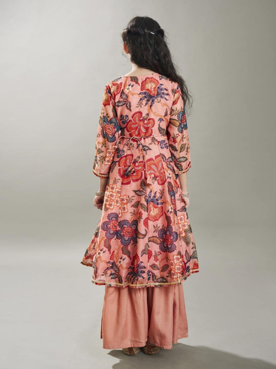 girls peach floral printed kurta with sharara