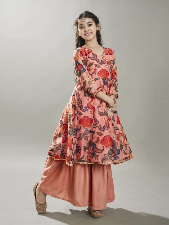 girls peach floral printed kurta with sharara