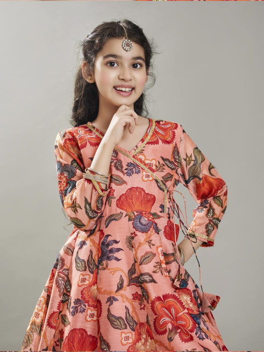 girls peach floral printed kurta with sharara