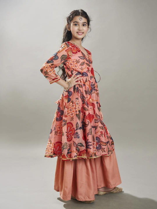 girls peach floral printed kurta with sharara