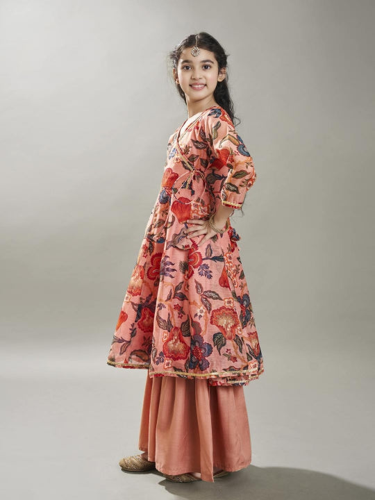 girls peach floral printed kurta with sharara