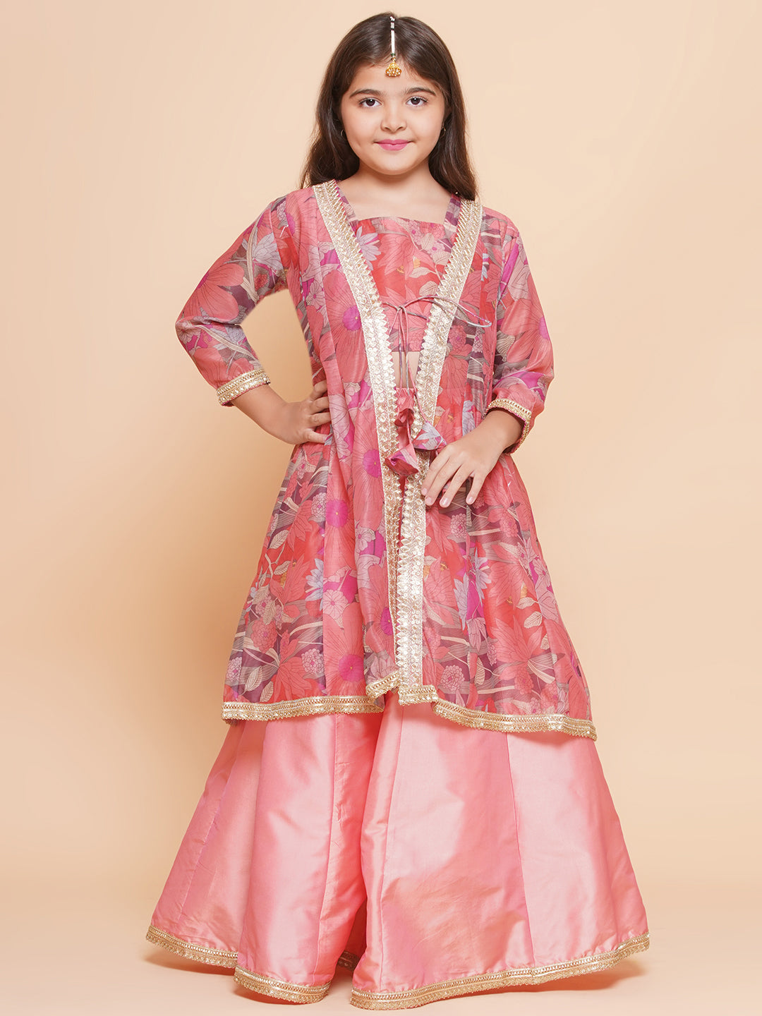 girls peach floral printed ready to wear lehenga blouse with shrug