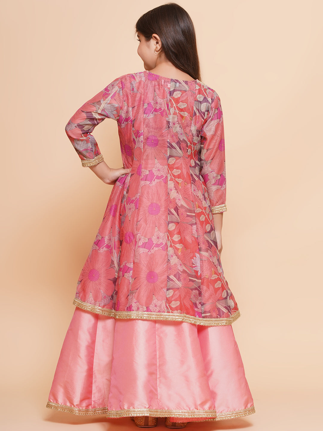 girls peach floral printed ready to wear lehenga blouse with shrug