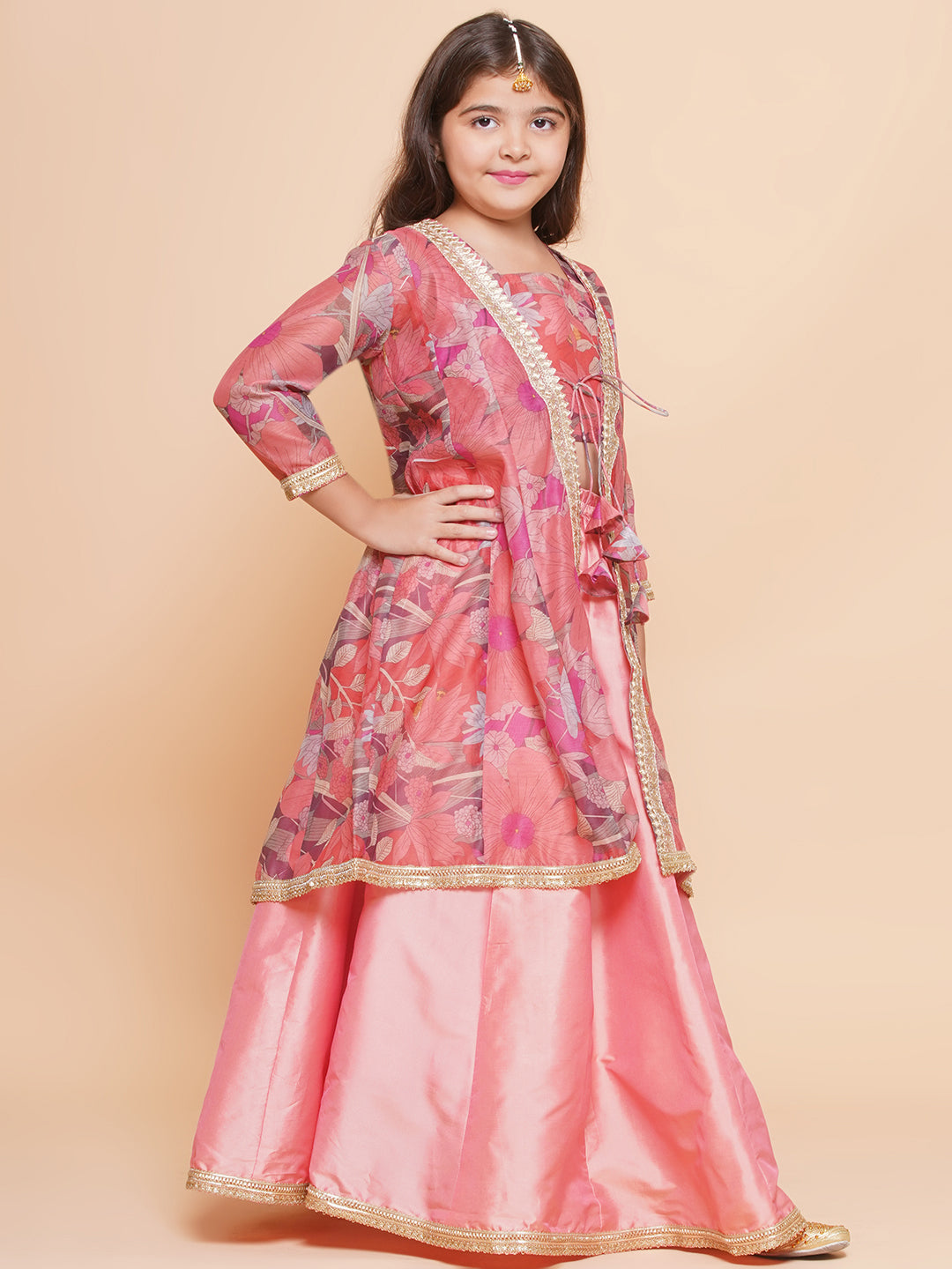 girls peach floral printed ready to wear lehenga blouse with shrug