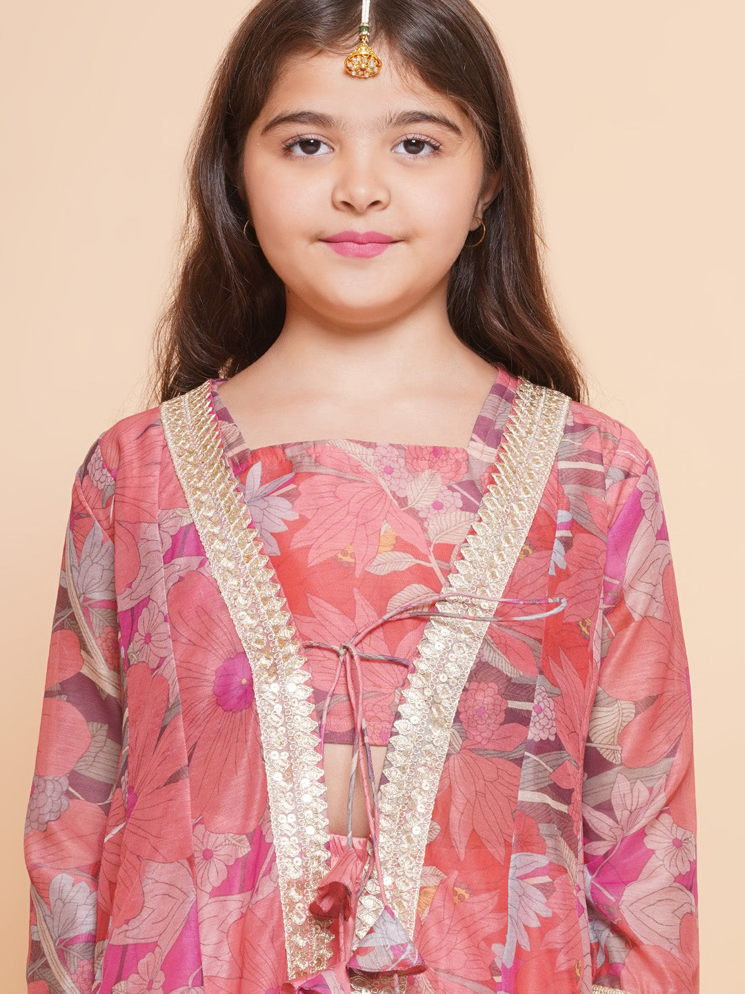 girls peach floral printed ready to wear lehenga blouse with shrug