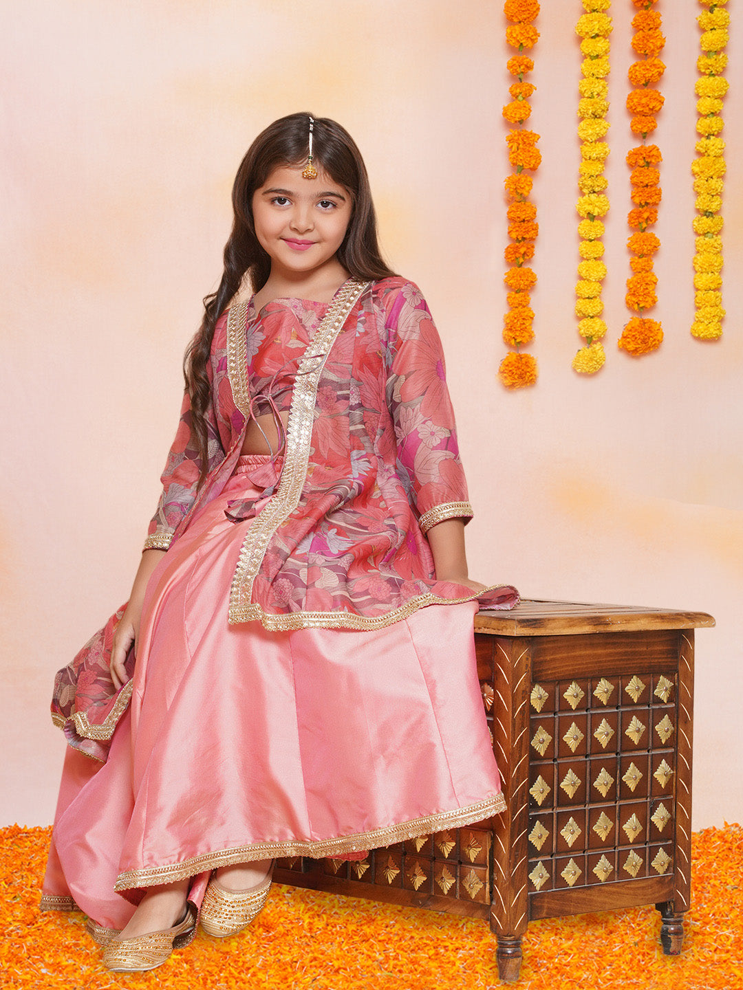 girls peach floral printed ready to wear lehenga blouse with shrug