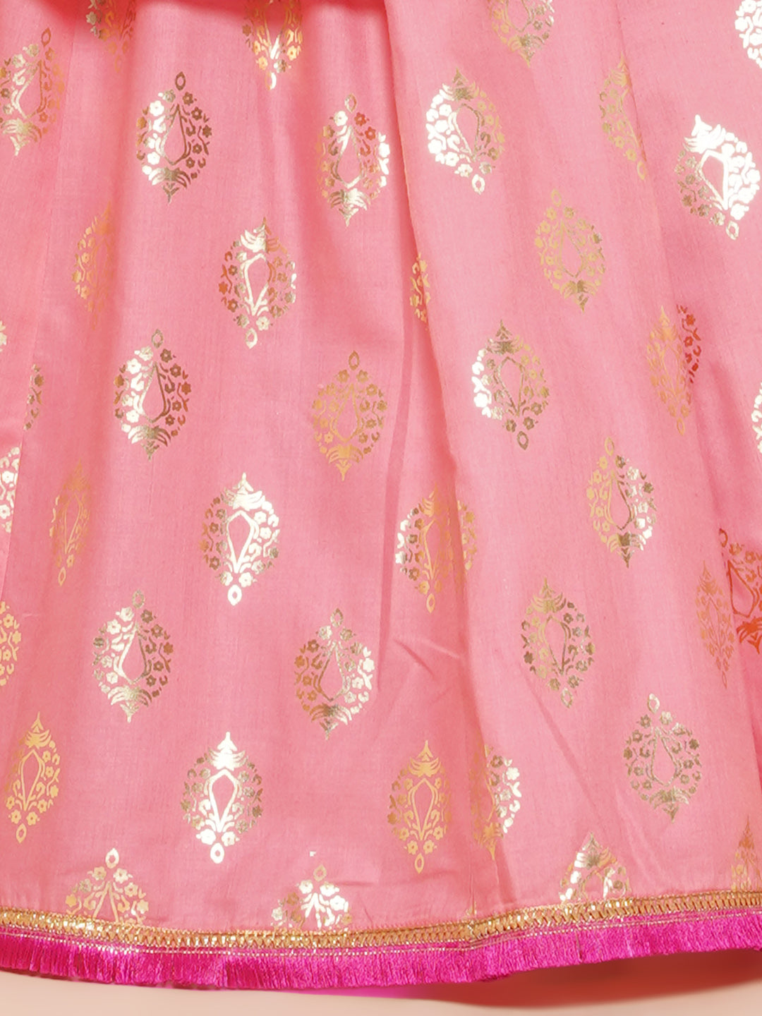 girls peach foil printed lace work lehengacholi with dupatta