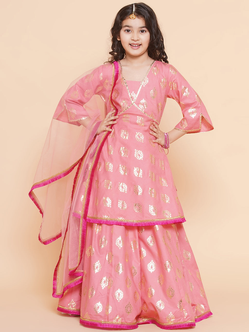 girls peach foil printed lace work lehengacholi with dupatta