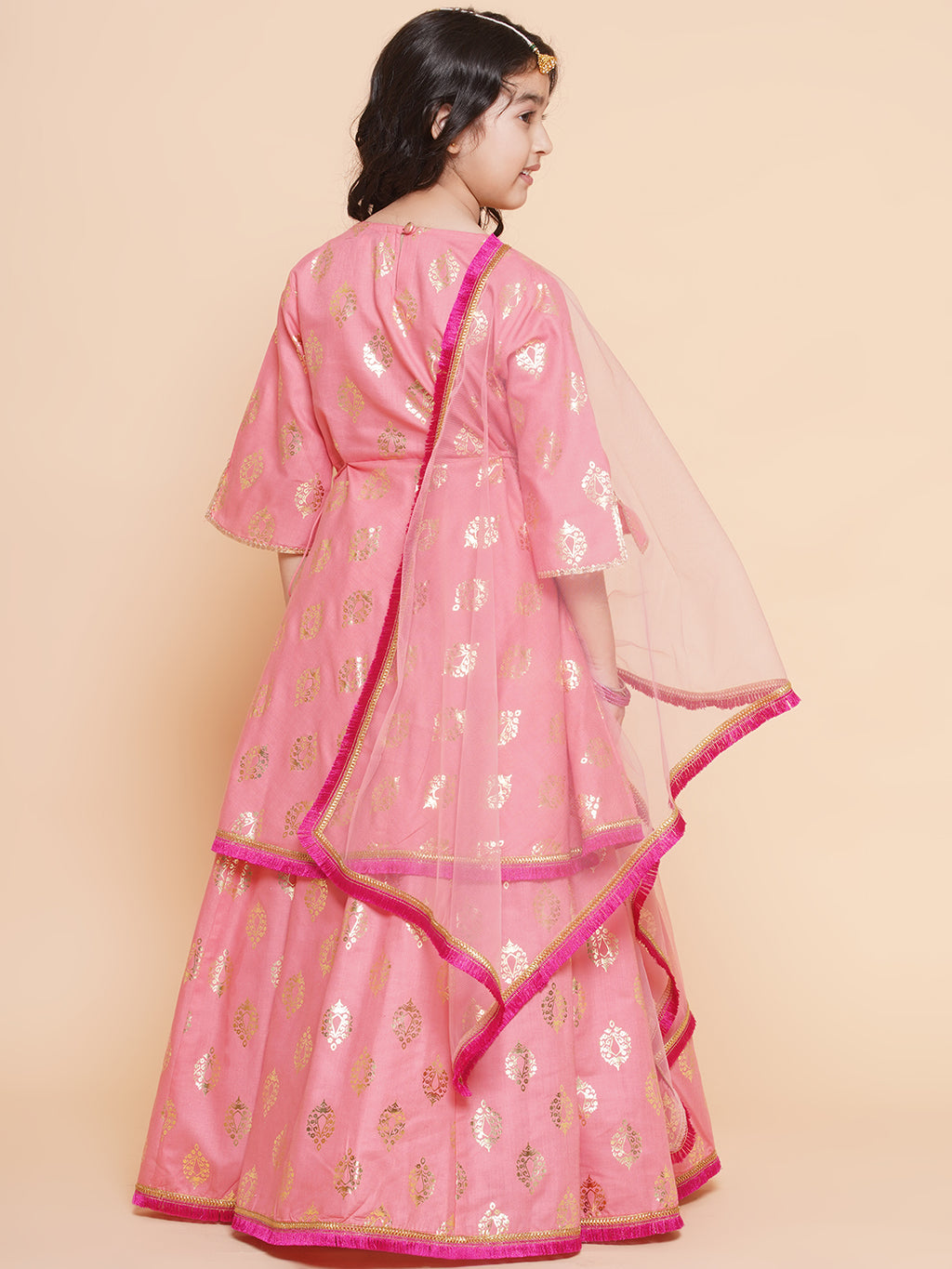 girls peach foil printed lace work lehengacholi with dupatta