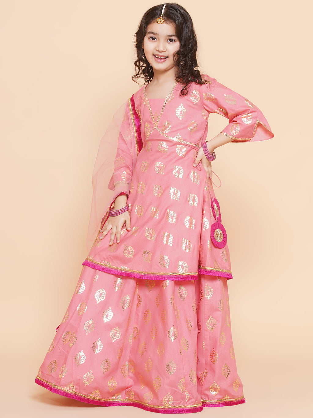 girls peach foil printed lace work lehengacholi with dupatta