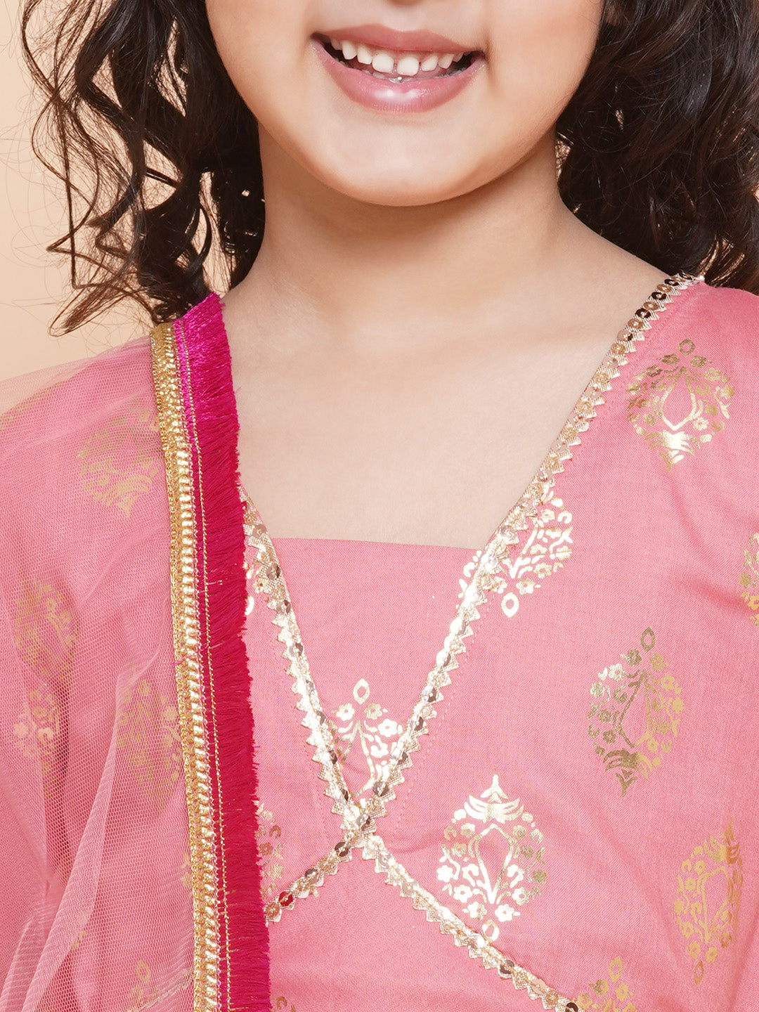 girls peach foil printed lace work lehengacholi with dupatta