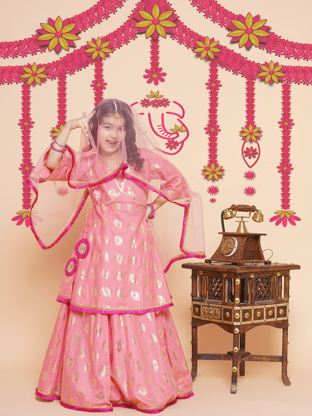 girls peach foil printed lace work lehengacholi with dupatta