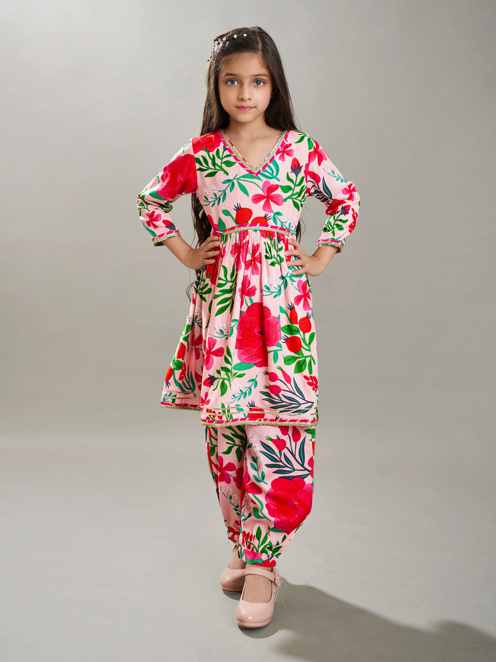 girls peach multi floral printed cotton kurta with trousers set