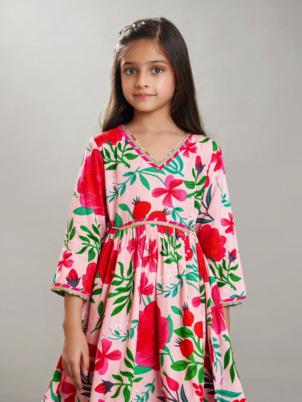 girls peach multi floral printed cotton kurta with trousers set