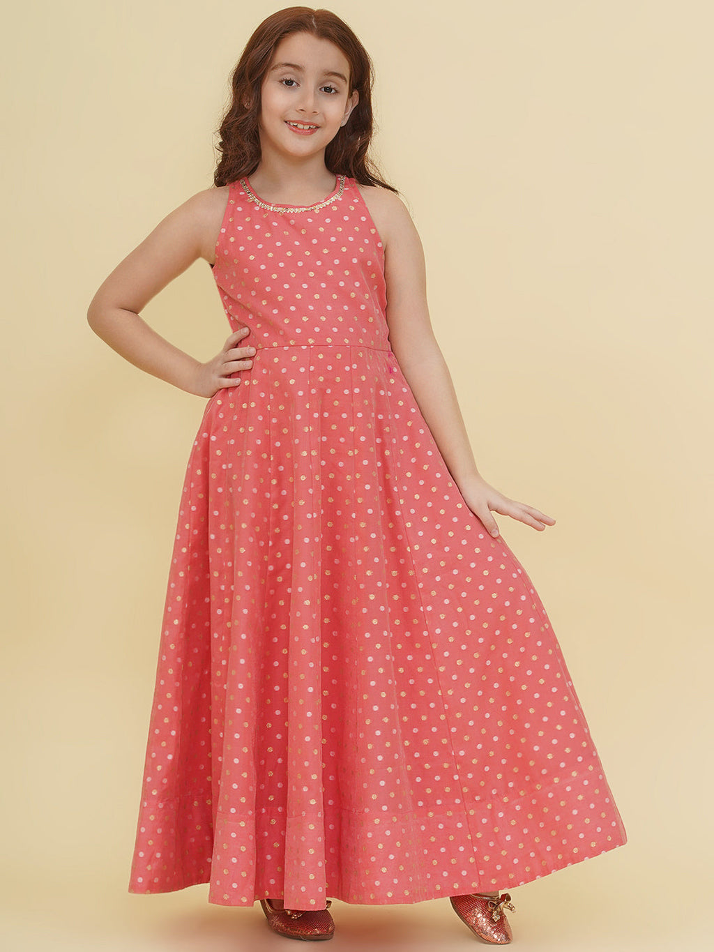 girls peach woven design maxi dress