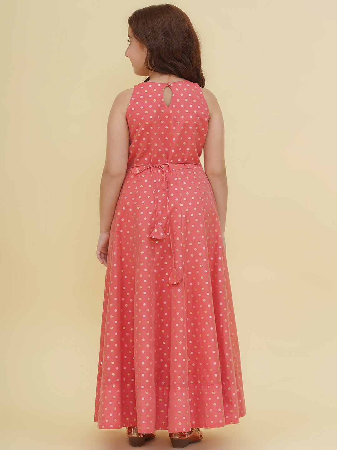 girls peach woven design maxi dress