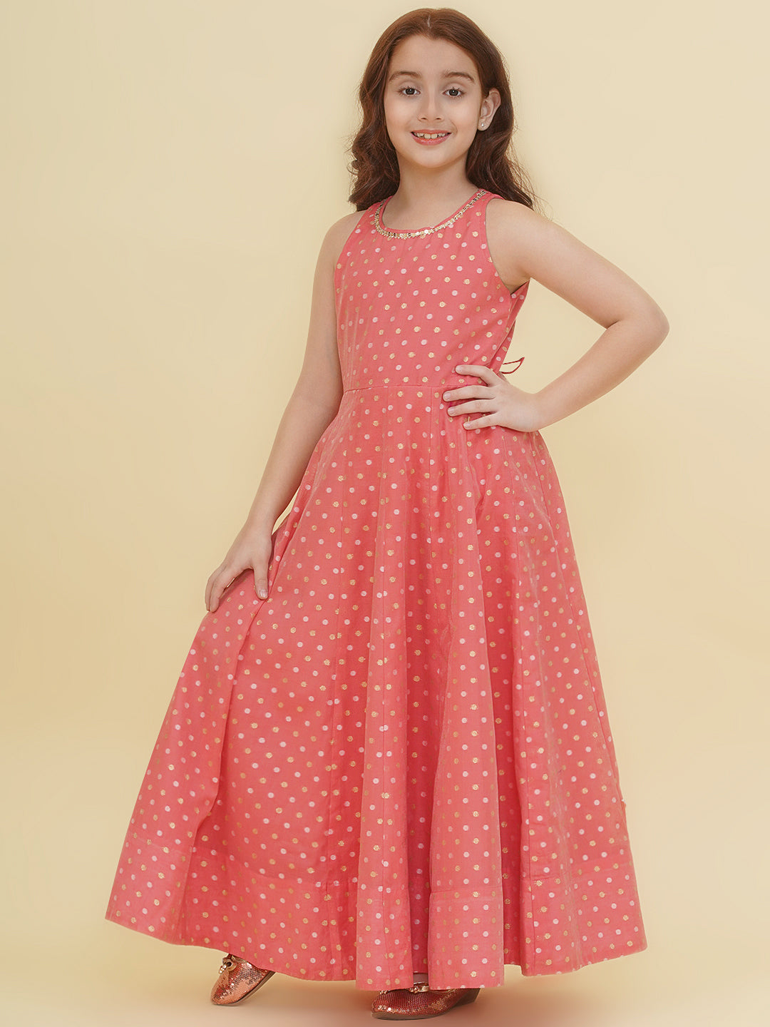 girls peach woven design maxi dress
