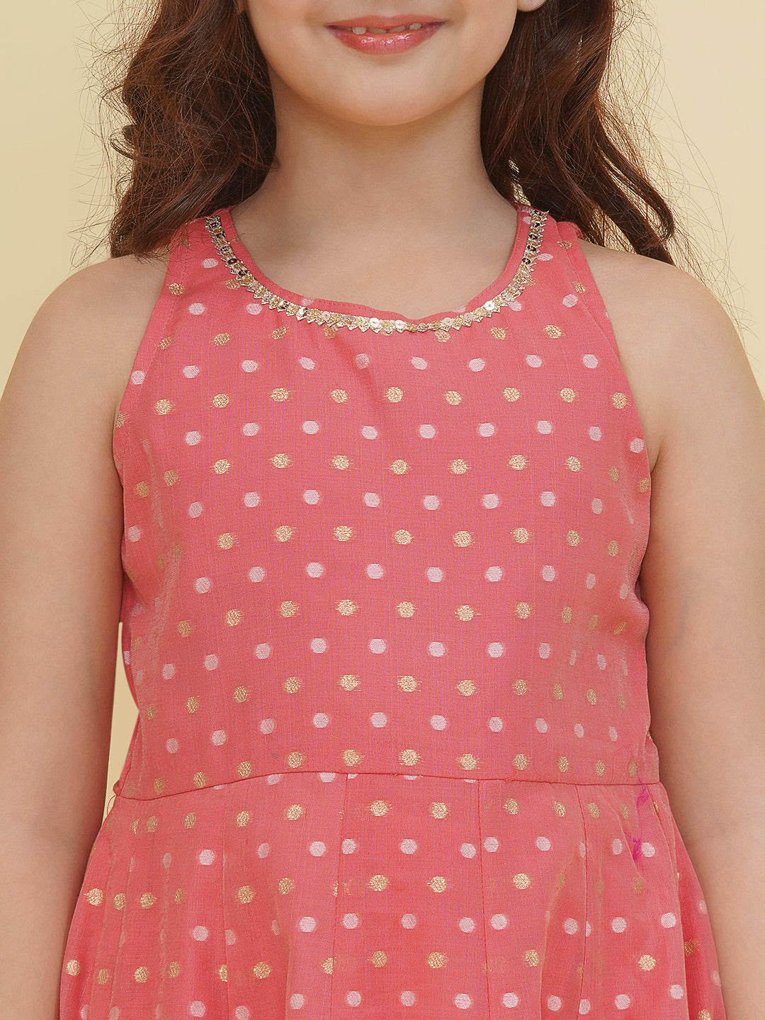 girls peach woven design maxi dress