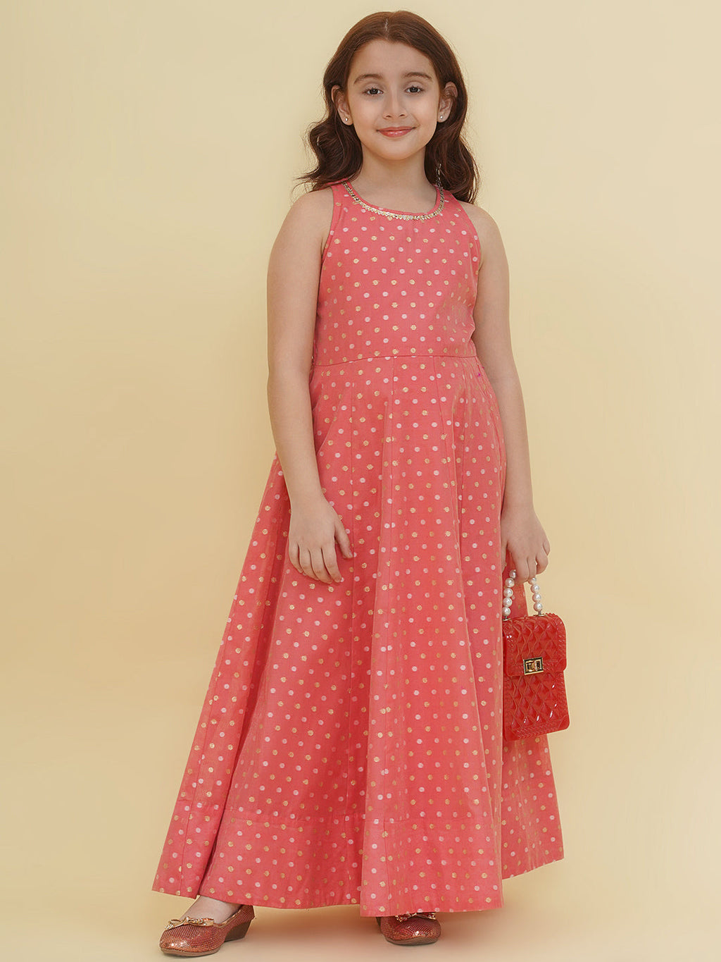 girls peach woven design maxi dress