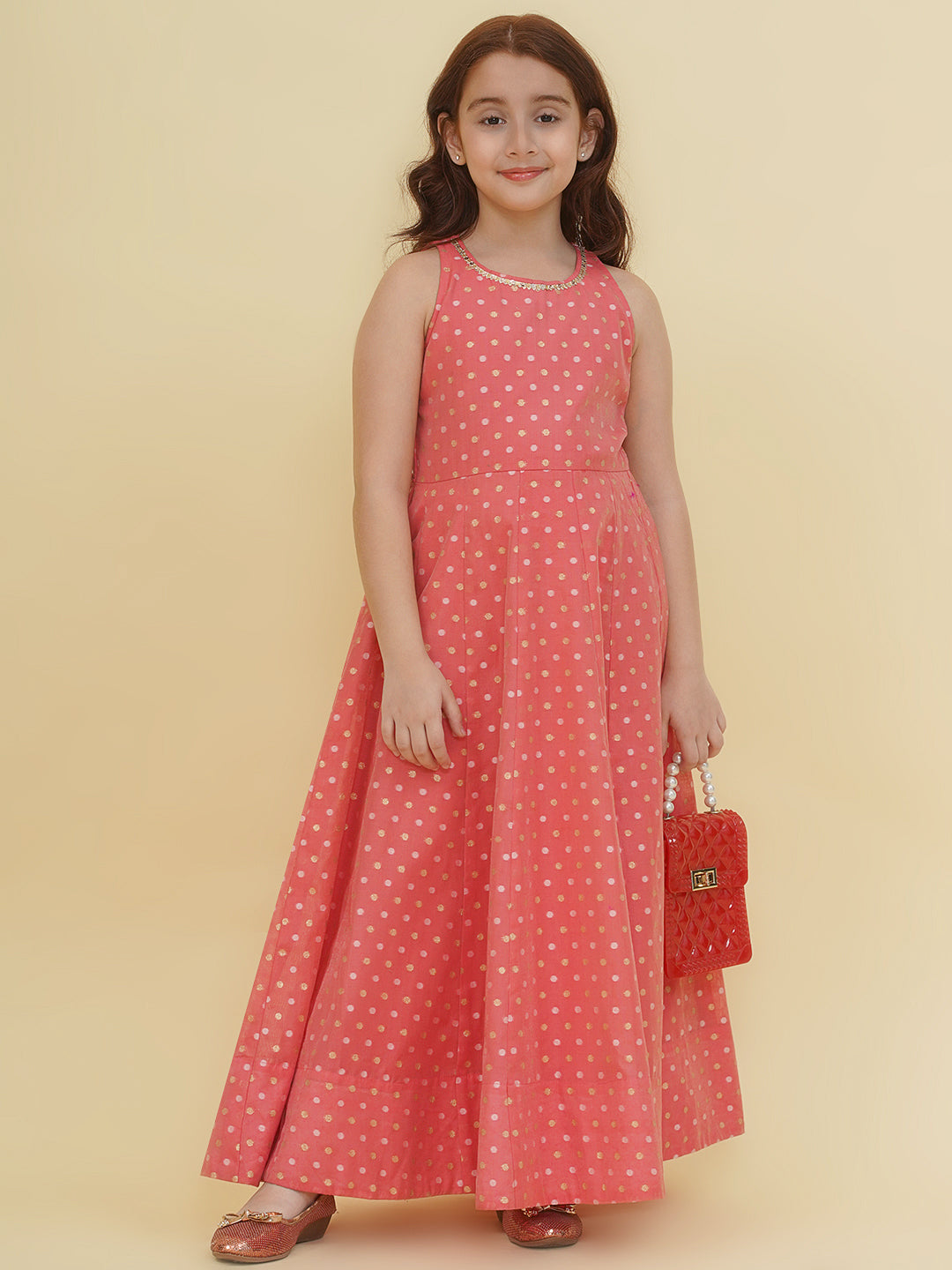 girls peach woven design maxi dress
