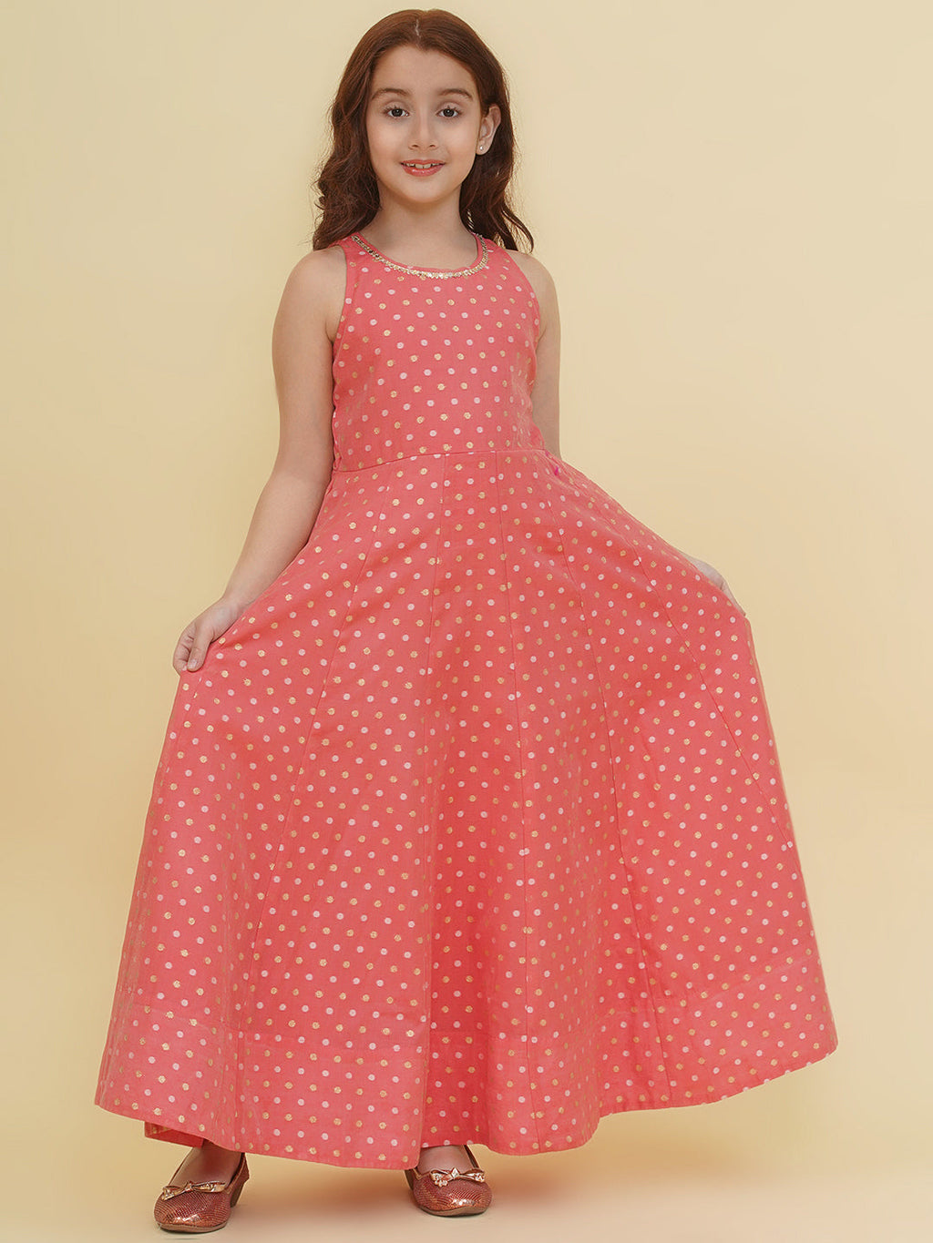 girls peach woven design maxi dress