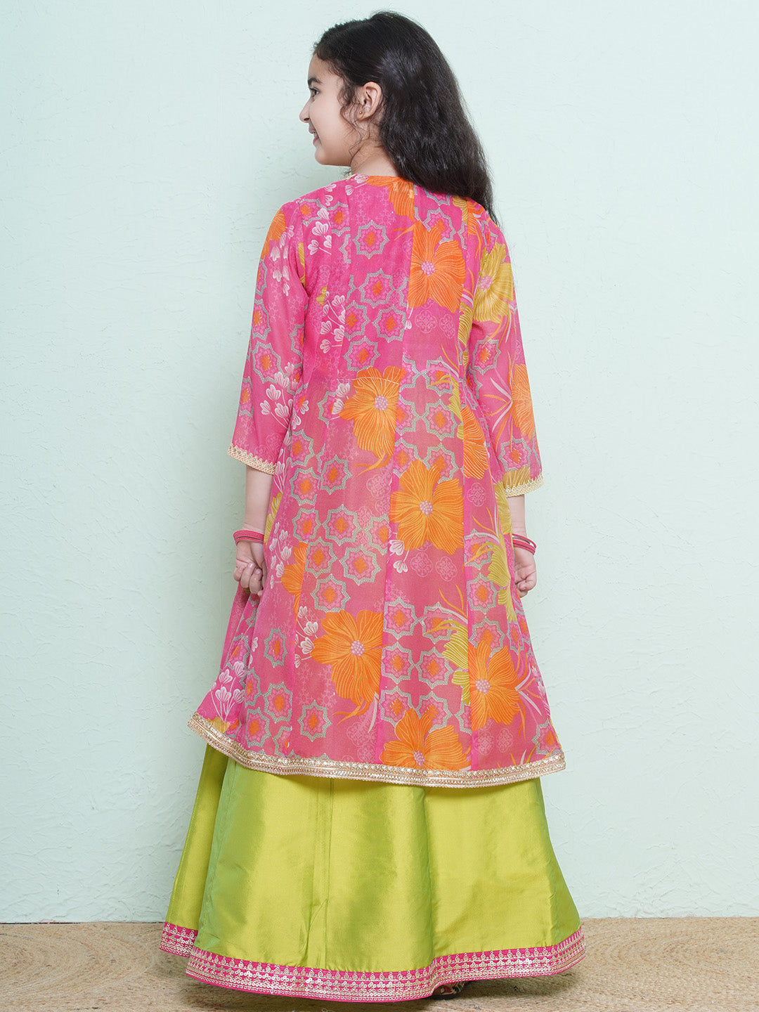 girls pink green floral printededed ready to wear lehenga blouse with shrug