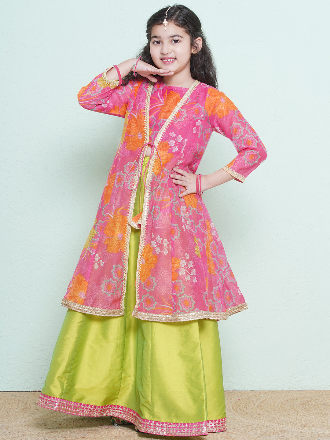 girls pink green floral printededed ready to wear lehenga blouse with shrug