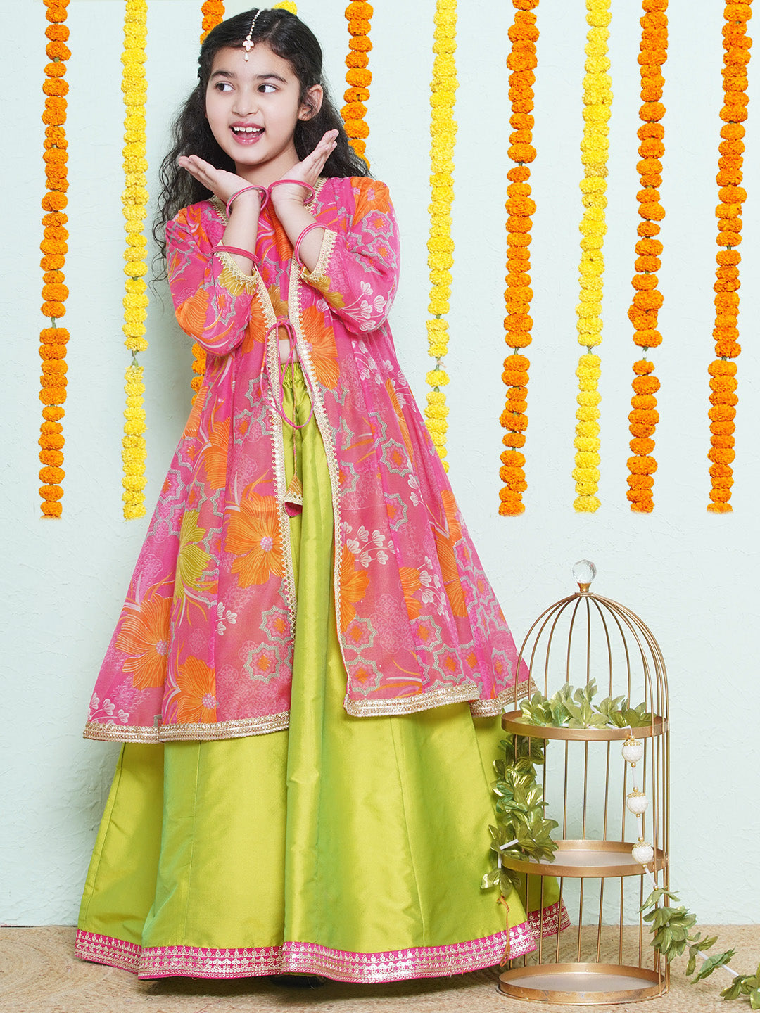 girls pink green floral printededed ready to wear lehenga blouse with shrug