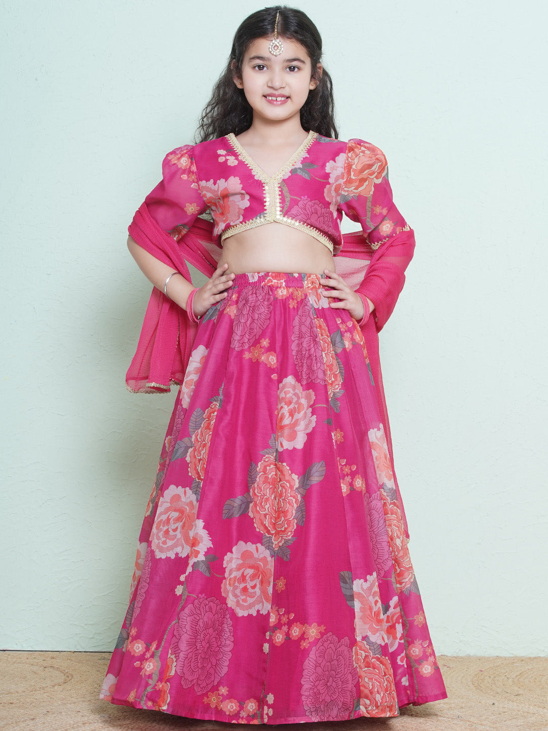 girls pink green multi printededed ready to wear lehenga choli with dupatta